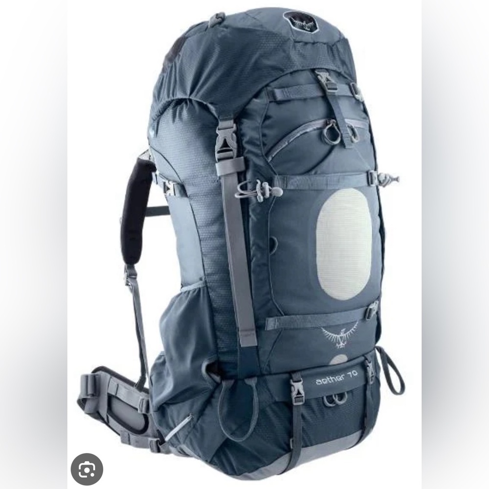 Osprey Aether Plus 70L Pack, blue & grey